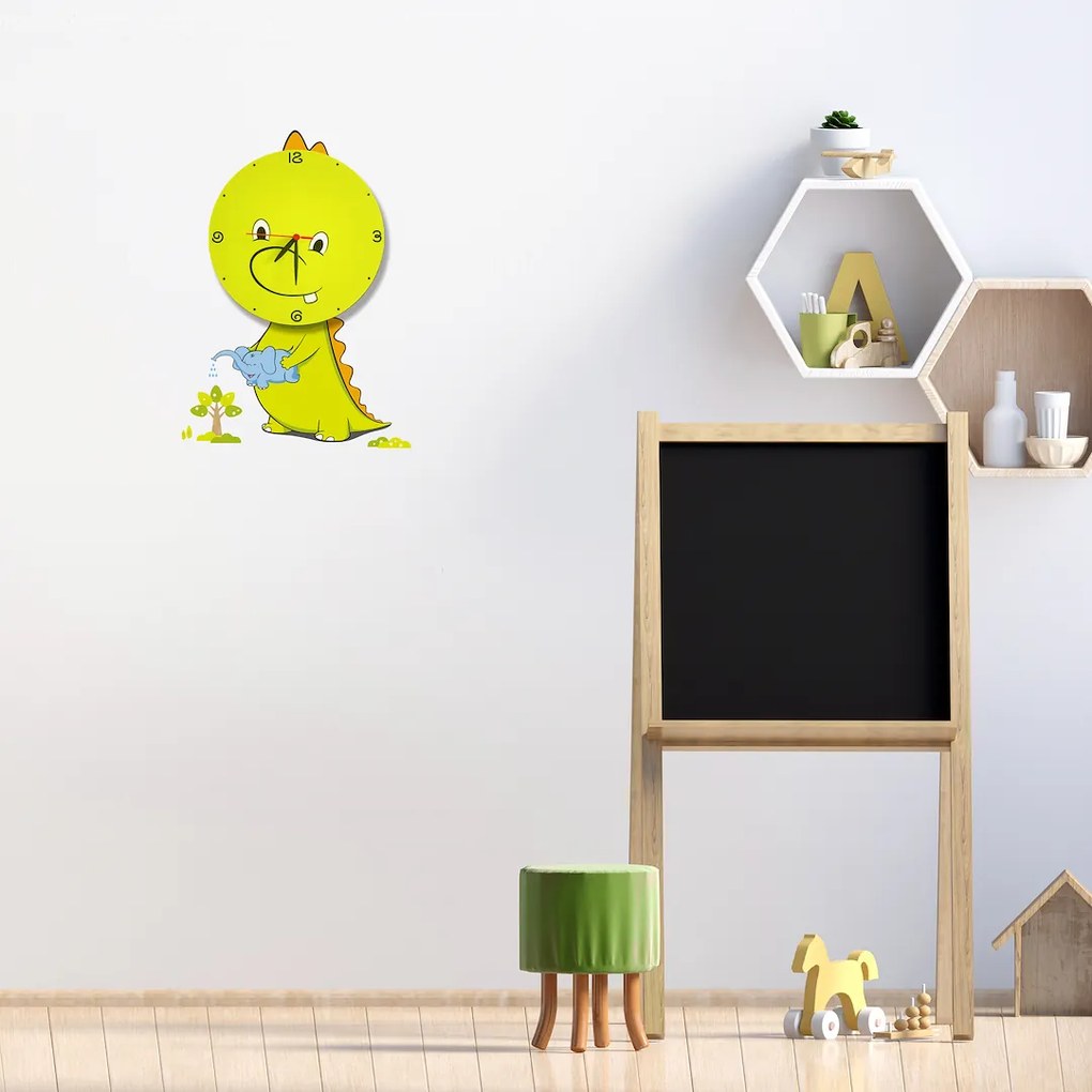 Detské nástenné svietidlo s hodinami Dragon Clock, 1x zelené plastové tienidlo