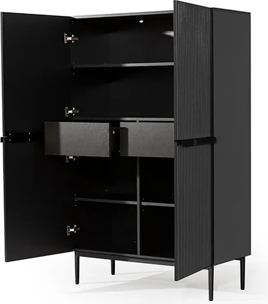 Vysoká komoda Nicole 100 cm s dvoma dverami a ryhovaným čelom - matná čierna / čierne nohy