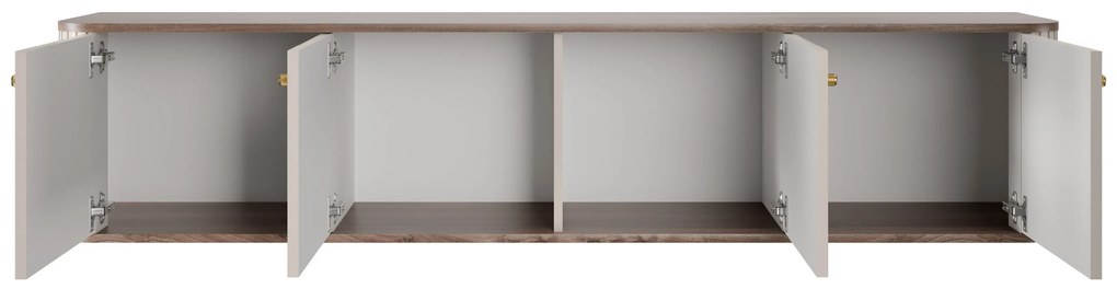 Závesná TV skrinka Vesper 4D 187 cm - kašmír / orech / zlaté úchytky