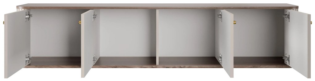 Závesný TV stolík Vespera 4D 187 cm - kašmírová / orech / zlatá