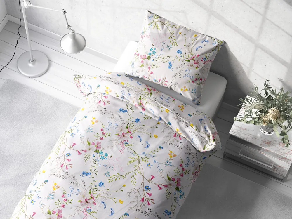 Biante Bavlnené posteľné obliečky Sandra SA-453 Modro-ružové kvety na bielom Jednolôžko 140x200 a 70x90 cm