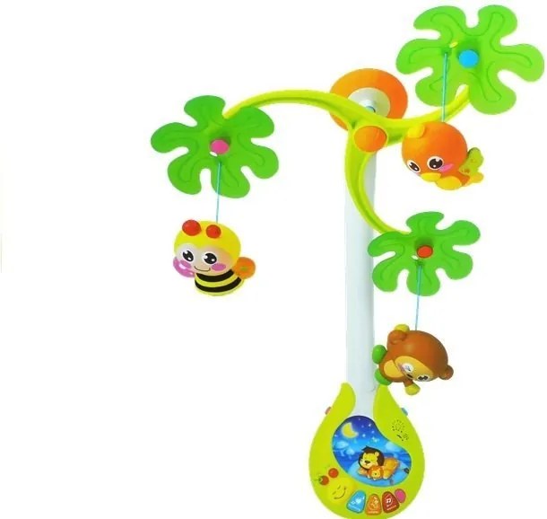 LEAN Toys Kolotoč nad postieľku s hracou skrinkou a hrkálkami pre bábätká