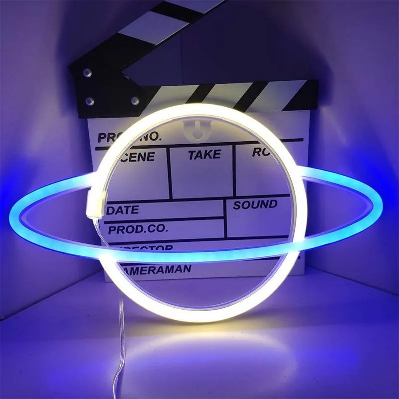 ACA Lighting Neónová lampička - Saturn, 3x AA batérie/USB kábel, IP20, modrá + žltá farba
