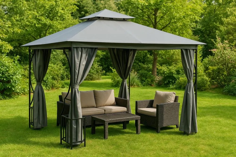 Záhradný pavilónový stan 4x3m - sivý - plné steny