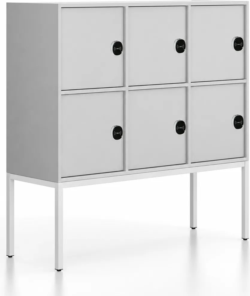Kancelárska skriňa FRAME, nízka, biela podnož, 6x dvere, 1299 x 450 x 1331 mm, RFID zámok, sivá