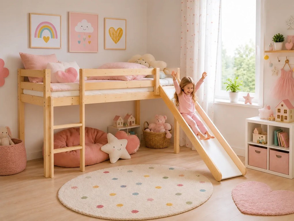 Detská vyvýšená posteľ z masívu so šmykľavkou 200x90 cm - prírodný lak