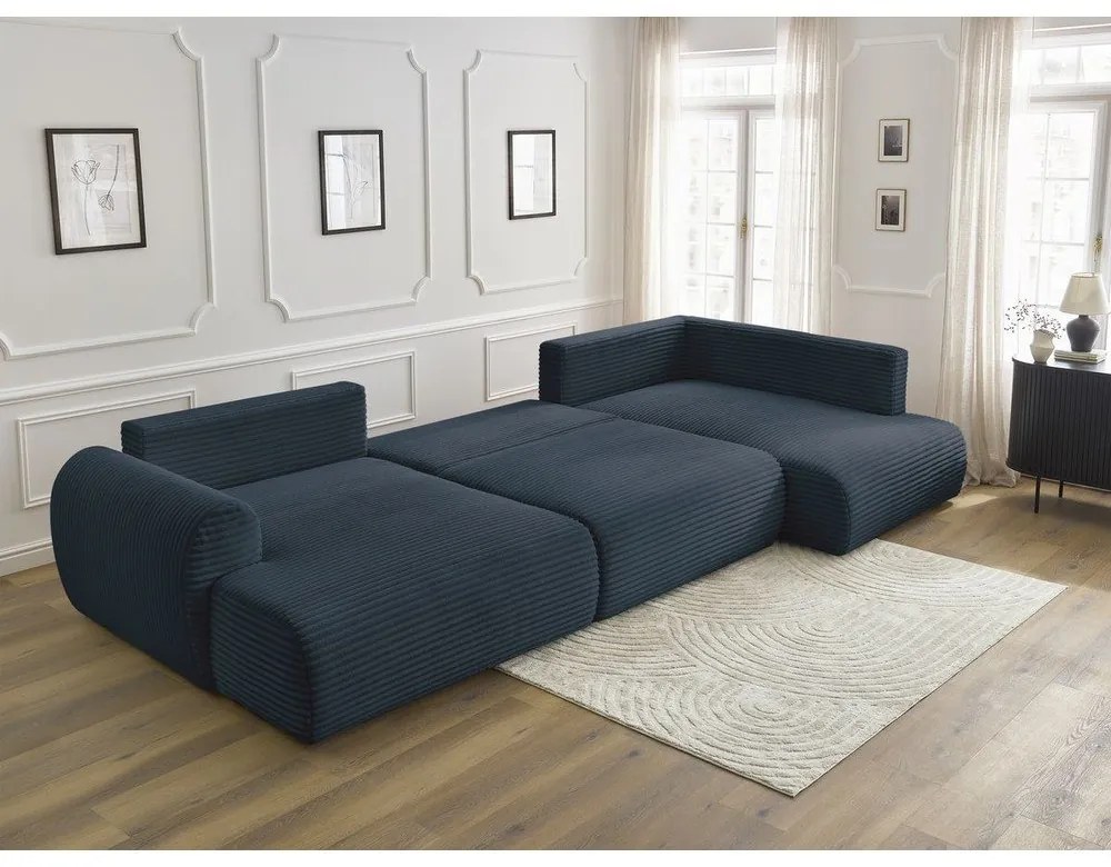 Tmavomodrá menčestrová rozkladacia/s úložným priestorom rohová pohovka (pravý roh/do tvaru "U") Lucien – Bobochic Paris