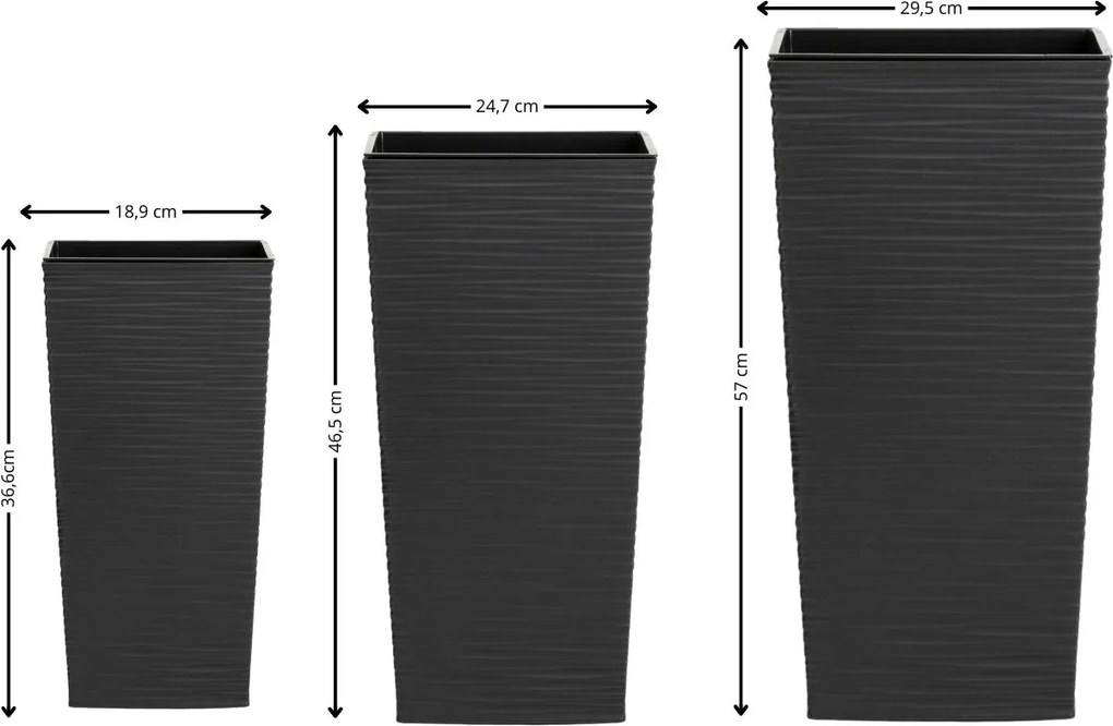 Sada 3 ks květináčů Porto Riflo 57x29,5/46x24,7/36,6x18,9 cm černá