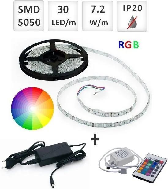 Optonica Sada: 5m RGB LED pásik do interieru 30 SMD5050/m, 7.2W/m, IP20 + zdroj + RGB ovládač 24 tlač.