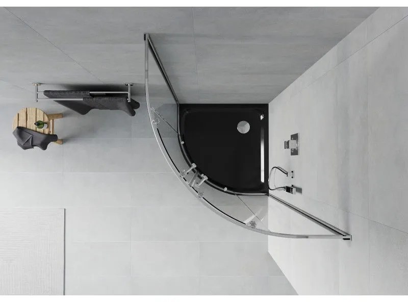 Mexen Rio, štvrťkruhový sprchovací kút s posuvnými dverami 80 x 80 cm, 6mm číre sklo, chrómový profil + čierna sprchová vanička, 863-080-080-01-00-4170