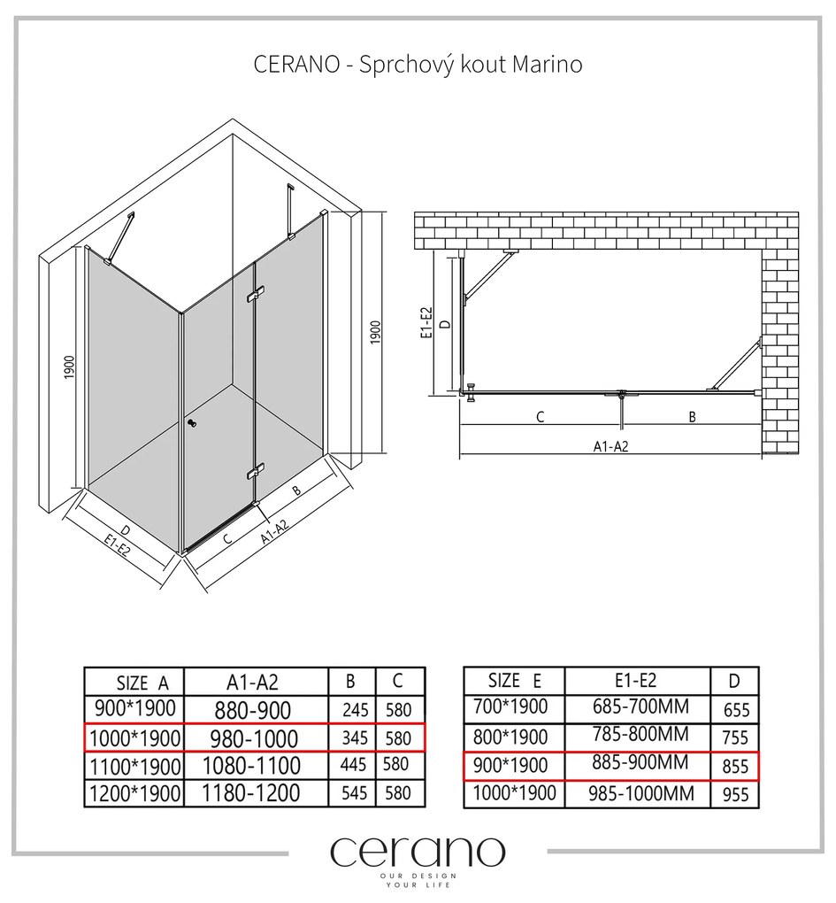 Cerano Marino, sprchovací kút 100(dvere) x 90(stena) x 190 cm, 6mm číre sklo, chrómový profil, CER-CER-422778