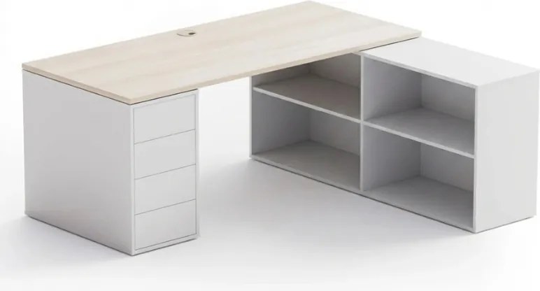 Kancelársky písací stôl s úložným priestorom BLOCK B04, 180x160 cm, biela/dub prírodný