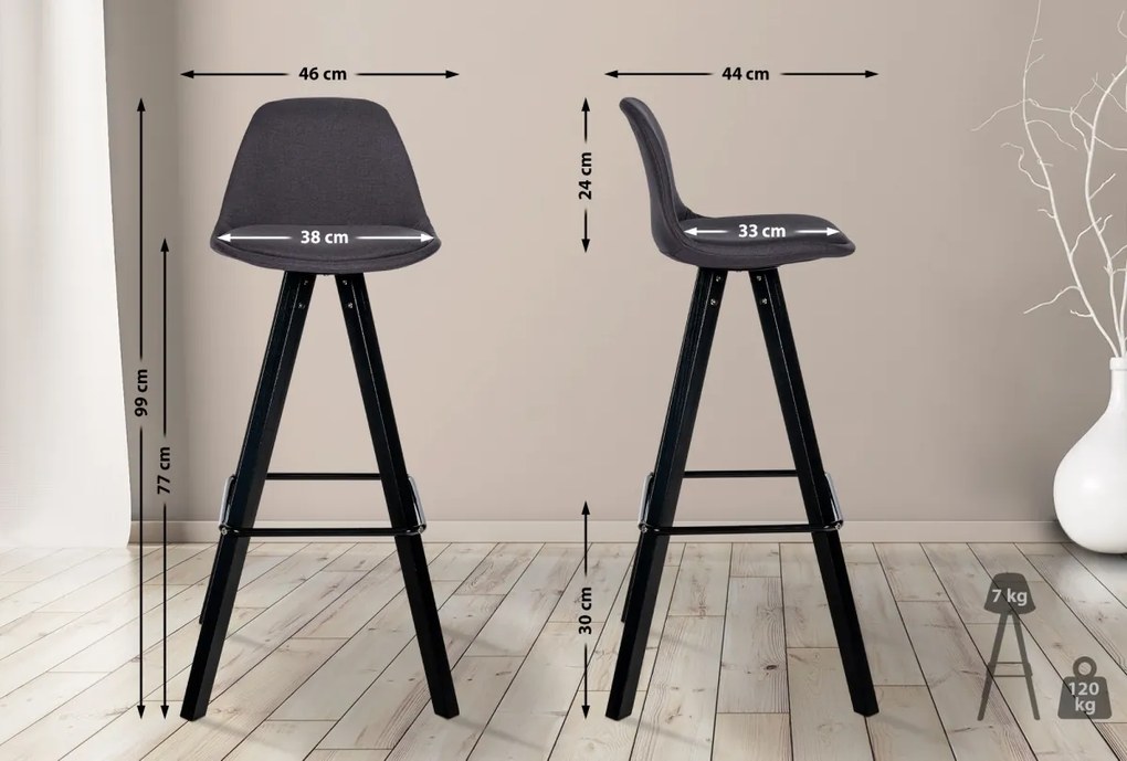 Barová stolička Corbin Square - látka, čierny rám - tmavošedá