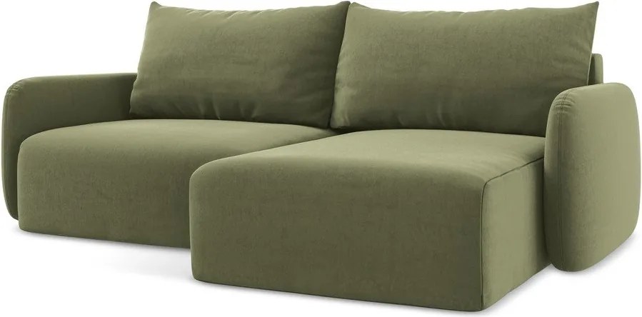 Zelená zamatová rozkladacia/s úložným priestorom rohová pohovka (pravý roh/s leňoškou) Kalena – Makamii