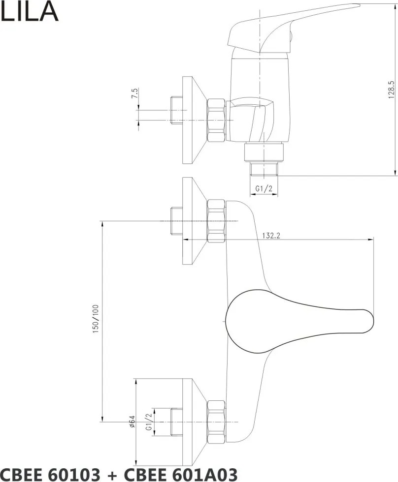 Mereo Lila, sprchová súprava, plast. hlavová sprcha a tropolohová ručná sprcha vr. sprchovej batérie 150 mm, MER-CBEE609