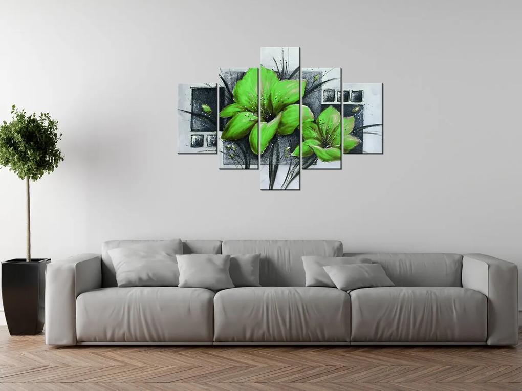 Gario Ručne maľovaný obraz Nádherné zelené Vlčie maky - 5 dielny Rozmery: 150 x 105 cm