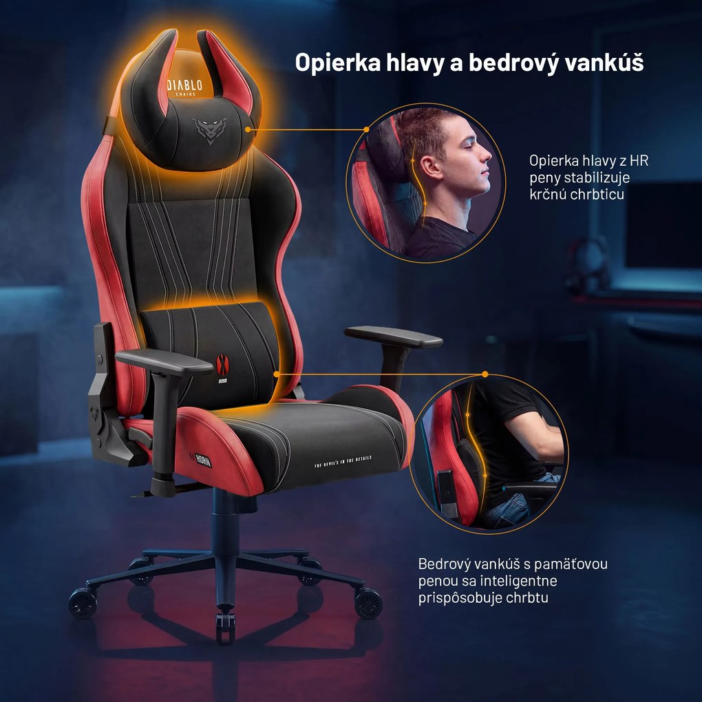Herné kreslo z textílie Normal Size, čierny-červený: Diablo X-Horn 2.0 Bloody Mary