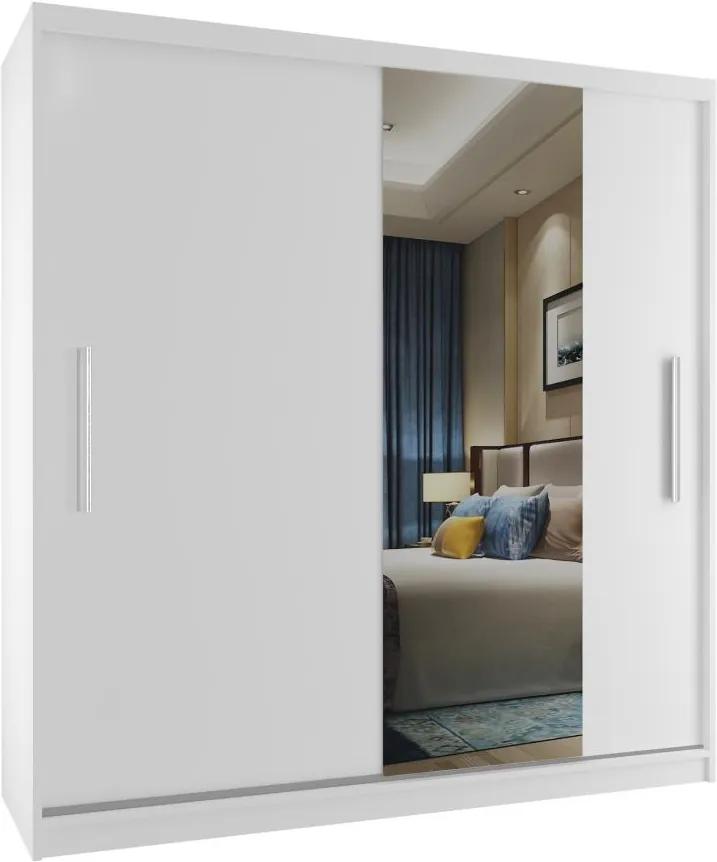 Šatníková skriňa s posuvnými dverami a úzkym zrkadlom šírka 158 cm v celkovom bielom dekore - S dojezdem