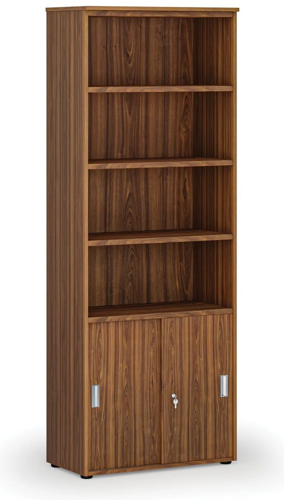Kombinovaná kancelárska skriňa PRIMO WOOD, zasúvacie dvere na 2 poschodia, 800 x 420 x 2128 mm, orech