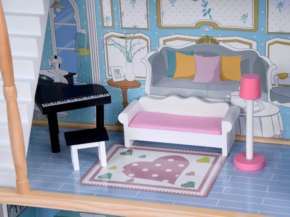 Jokomisiada Veľký drevený domček pre bábiky + drevený nábytok v pastelových farbách ZA5457