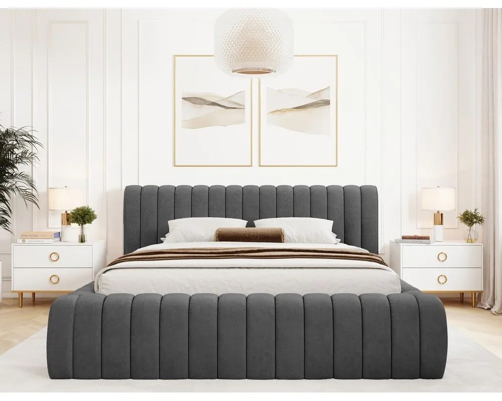 Tmavosivá čalúnená dvojlôžková posteľ s úložným priestorom s roštom 180x200 cm Carilla – ELTAP