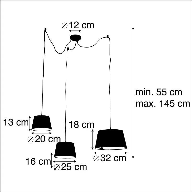 Závesné svietidlo s 3 čiernymi a zlatými tienidlami z bavlny - Cava