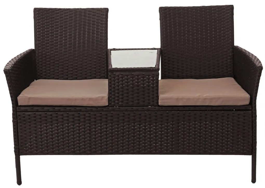 Záhradná lavica so stolíkom E24 - umelý ratan, 132cm - Hnedá, sedáky krémová