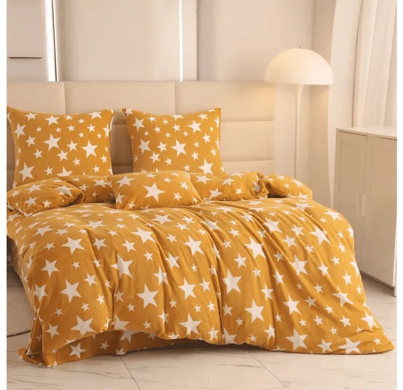 Sada mikroplyšových obliečok HVIEZDY žltooranžové + obliečka mikroplyš SOFT 180x200 cm biele, dvojlôžko