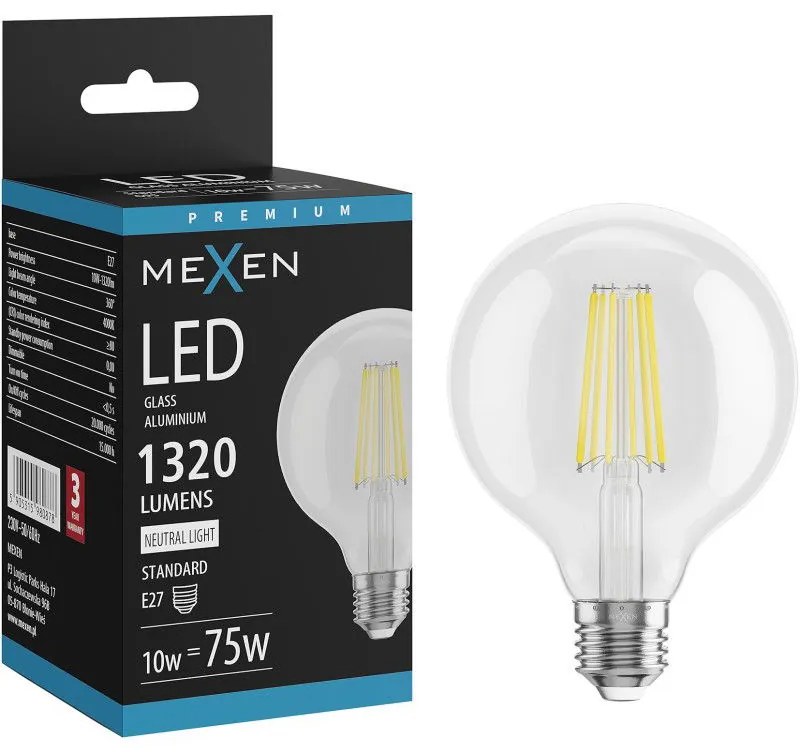 Mexen Vintis, LED žiarovka E27, G95, 10W, Neutrálna - 4000K, 1320 lm, číra - L157-E27-1040-00