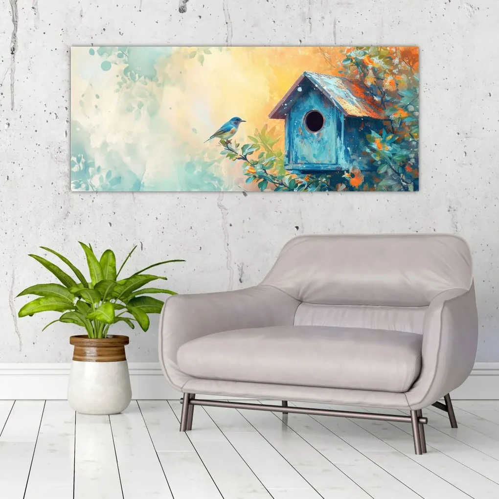 Obraz - Vtáčia búdka, akvarel (120x50 cm)