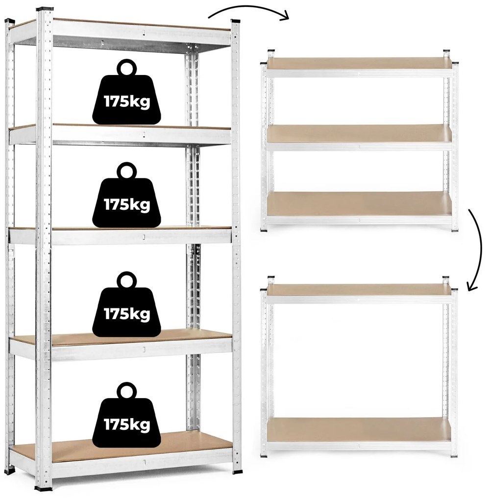 Skladový regál 180x90x40 cm, pozinkovaný kov, 5 políc, nosnosť 875 kg, ModernHome