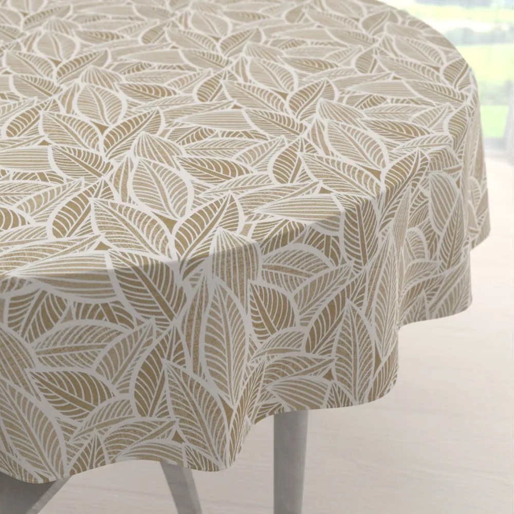 Biante Dekoračný okrúhly obrus Leona LN-168 Biele listy na svetlo hnedom Ø 100 cm