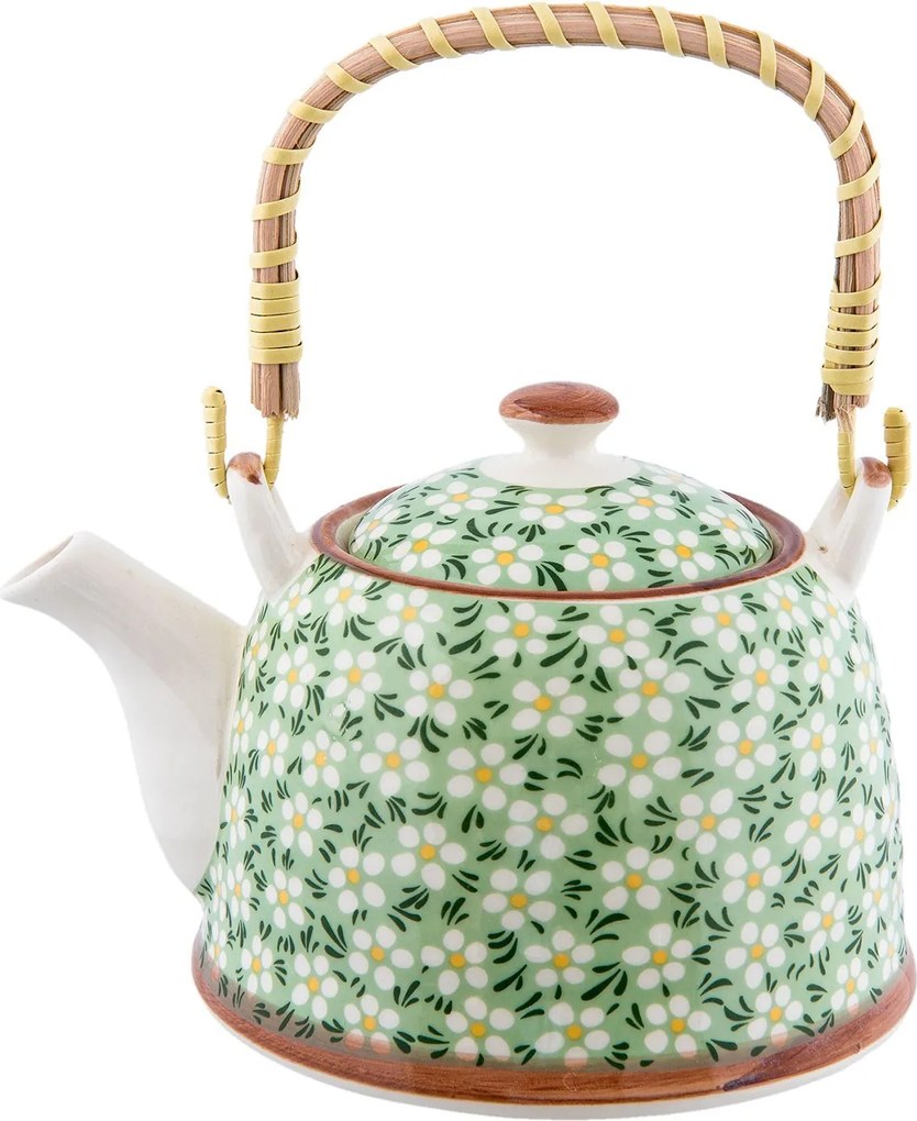 Zelená porcelánová kanvička s kvietkami a so sitkom - Ø 18*14*12 cm / 0,7L