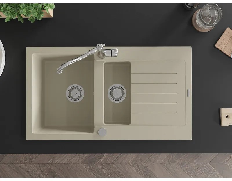 Mexen Matias, granitový drez 900x505x200 mm, 1,5-komorový a drezová batéria Carla, béžová, 6502-69-670700-00
