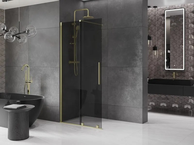Mexen Velar, sprchová zástena s posuvnými dverami Walk-in 120 x 200 cm, 8mm šedé sklo, zlatá matná, 871-120-000-43-55