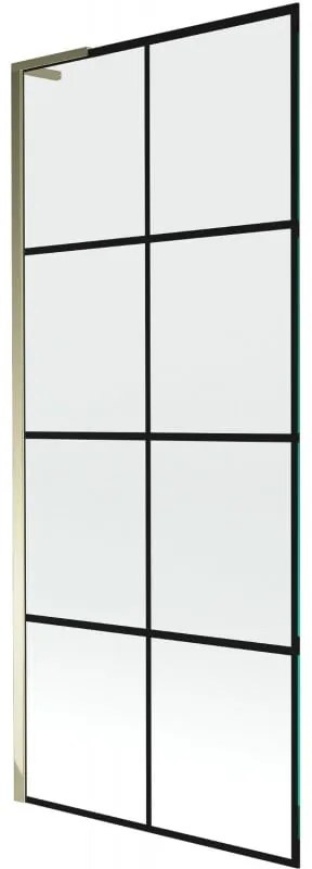 Mexen Next L, 1-krídlová vaňová zástena 80 x 150 cm, 6mm číre sklo-čierny vzor, zlatý lesklý profil, 895-080-000-03-77-50