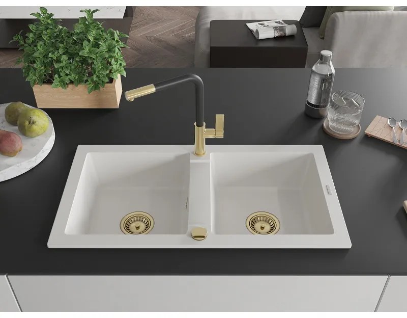 Mexen Mario, 2-komorový granitový drez 820x436x161 mm a drezová batéria Flora, biela, 6504-20-670401-57-G