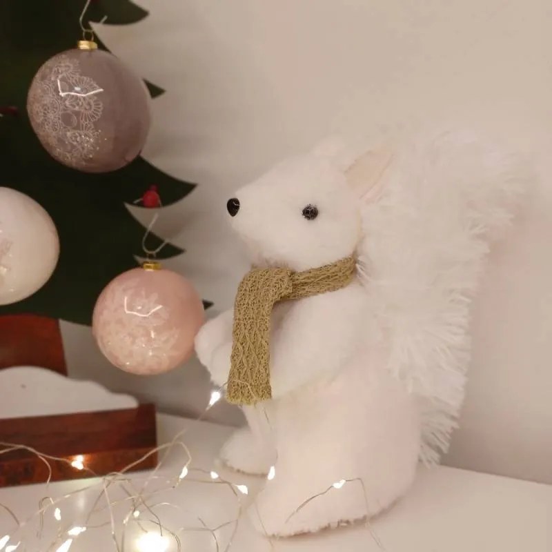 DECOLED Plyšová dekorácia veverička 14 × 20 × 24 cm, biela, polystyrén a plyš, biela a hnedá