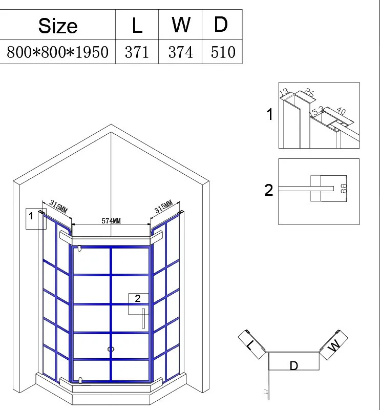 BPS-koupelny Päťuholníkový sprchovací kút BS06A 80x80 čierna/transparent - bez vaničky