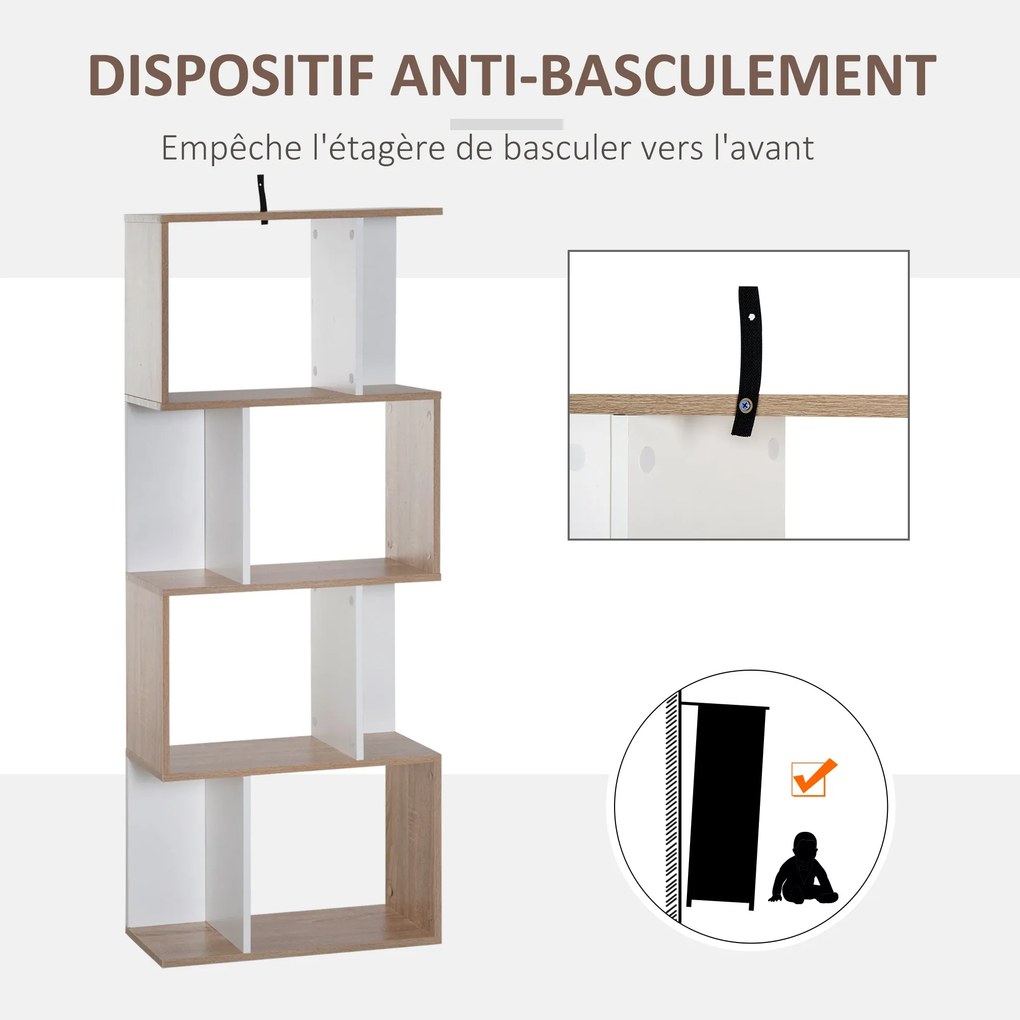 HOMCOM Moderný Knižný Stojan s Tvarom S, úložný priestor 4 police 60L x 24W x 148H cm Dub Biely | Aosom
