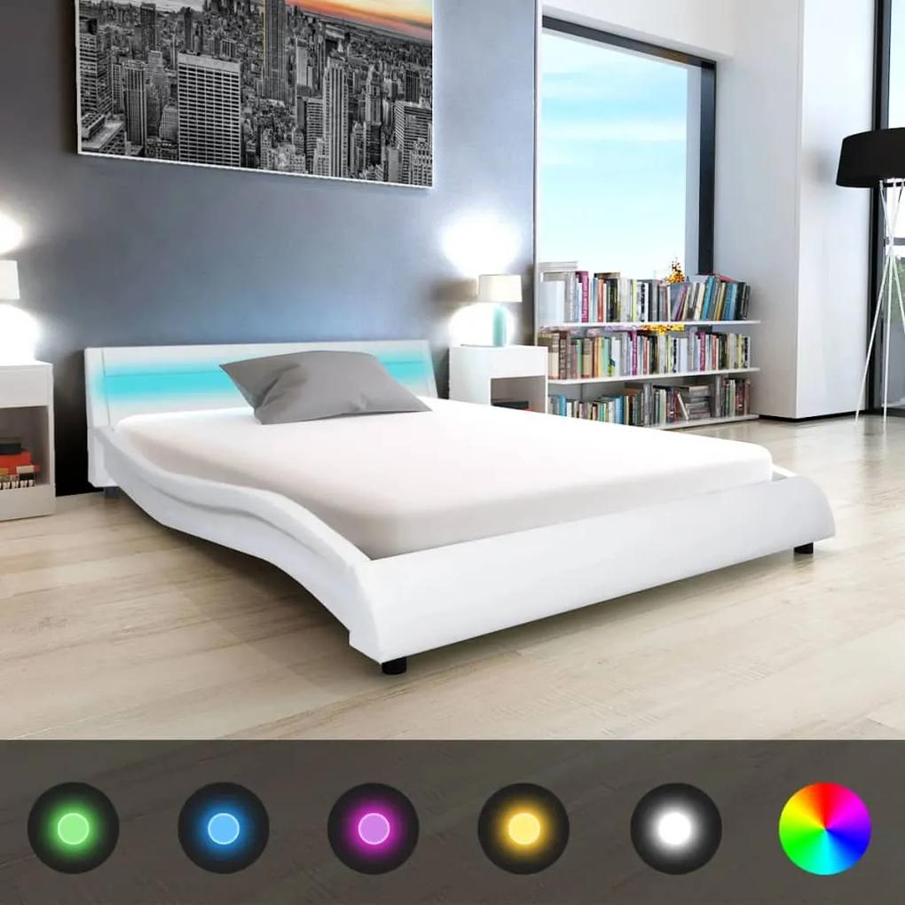 vidaXL Rám postele s LED svetlom, 140x200 cm, umelá koža, biela