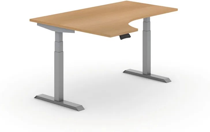 Výškovo nastaviteľný stôl PRIMO ADAPT, elektrický, 1600x1200X625-1275 mm, ergonomický ľavý, buk, sivá podnož