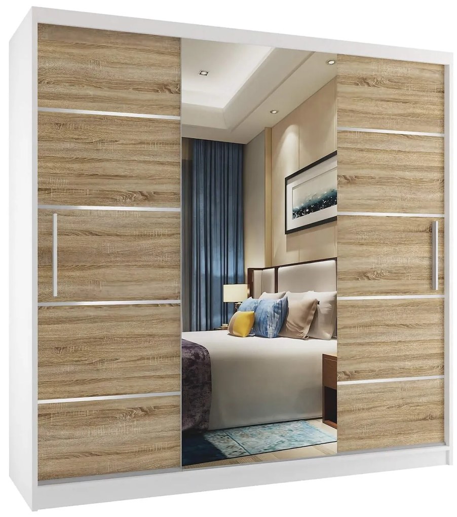 Šatníková skriňa 200 cm Belini biely mat / dub sonoma s posuvnými dverami zrkadlom a zásuvkami  MT SZP5/1/W/DS/0/KLAL