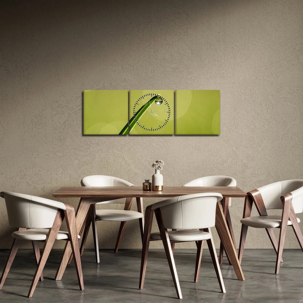 Obraz kvapky vody na tráve (s hodinami) (90x30 cm)