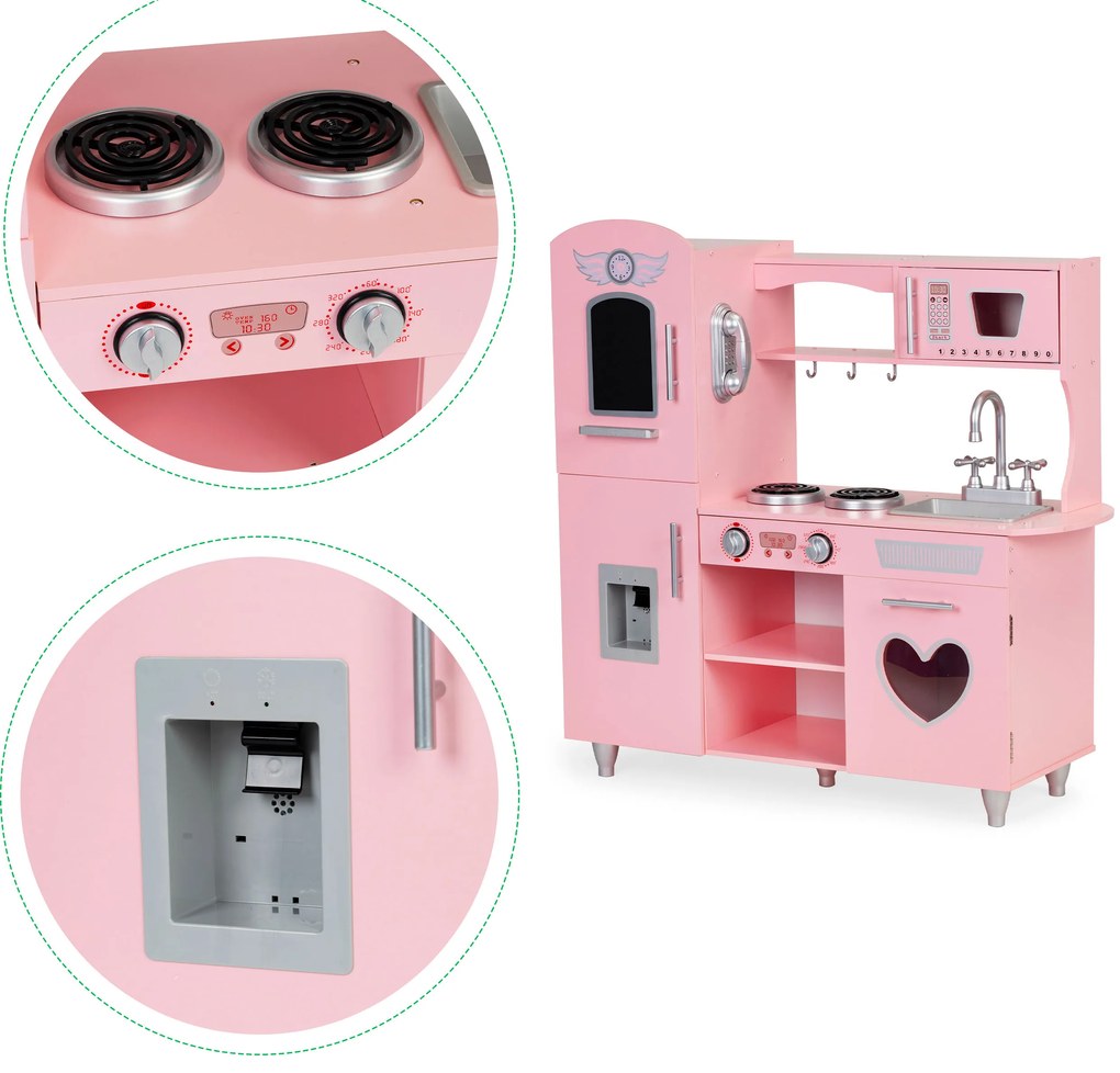 ECOTOYS Drevená detská kuchynka s efektmi zvuku, ružová