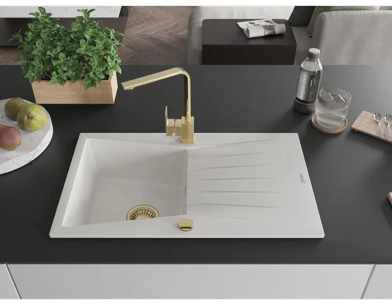 Mexen Cesar, granitový drez 775x470x190 mm, 1-komorový, biela so zlatým sifónom a zlatá drezová batéria Rita, 6514-20-670300-50