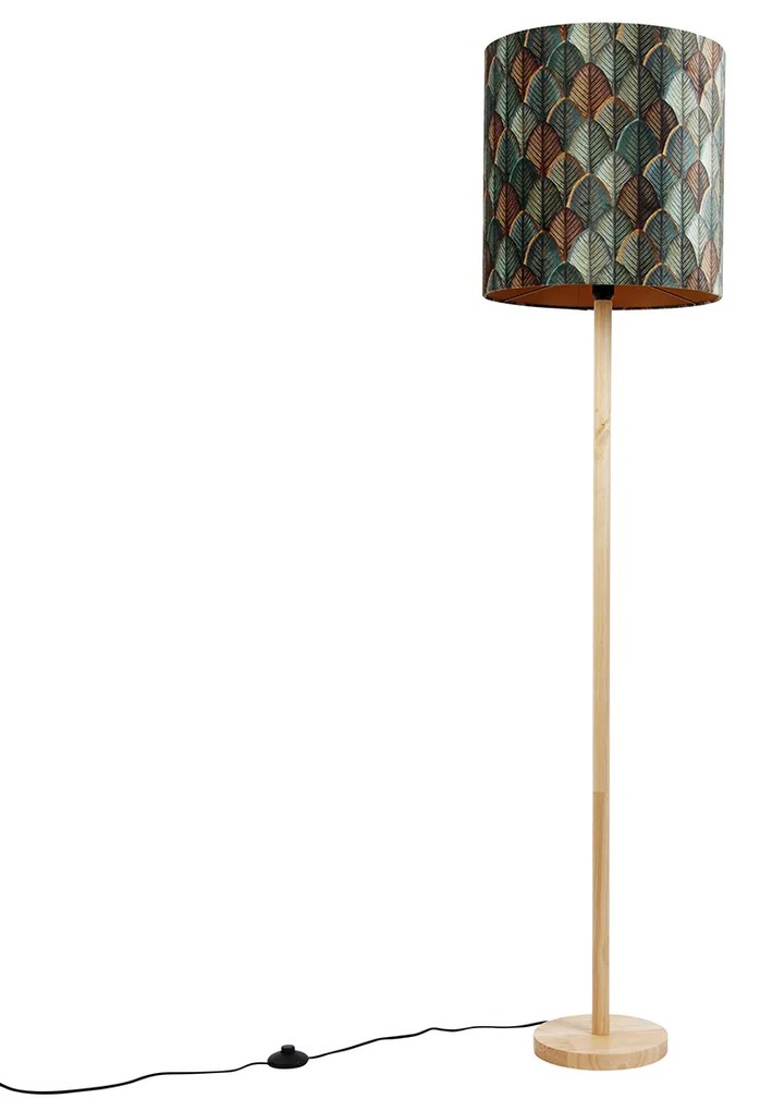 Drevená stojacia lampa s zamatovým tienidlom s dizajnom listov a zlatým vnútorným priestorom - Mels