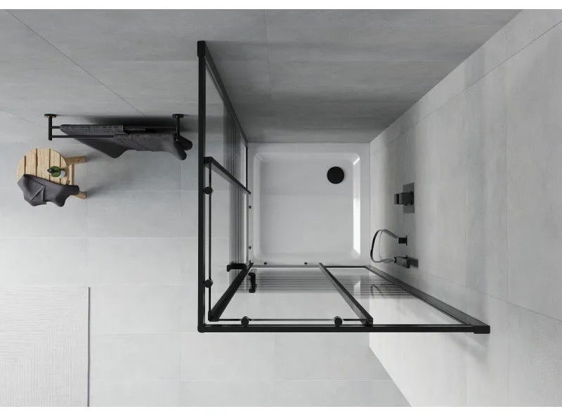 Mexen Rio, štvorcový sprchovací kút s posuvnými dverami 80(dvere) x 80(dvere) x 190 cm, 6mm číre sklo s pásikmi, čierny profil + biela sprchová vanička SLIM, 860-080-080-70-20-4010B