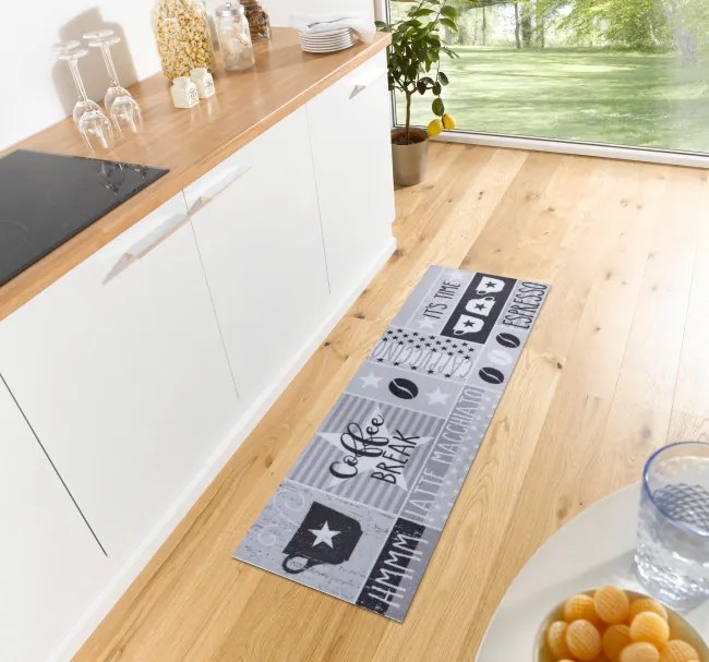 Koberec / Behúň Hanse Home Cook & Clean Its Time For Espresso sivý / čierny / biely