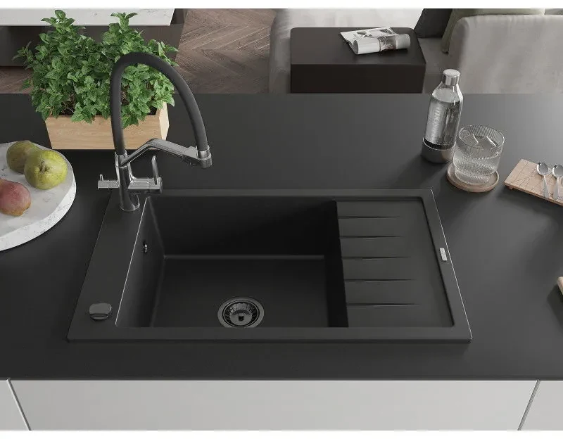 Mexen Elias, 1-komorový granitový drez 795x480x200 mm a drezová batéria Duo, čierna, 6511-77-671701-07-B